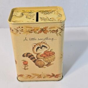 Vintage Hallmark Woodland Animals Metal Coin Bank Raccoon Squirrel Bunny Tin USA